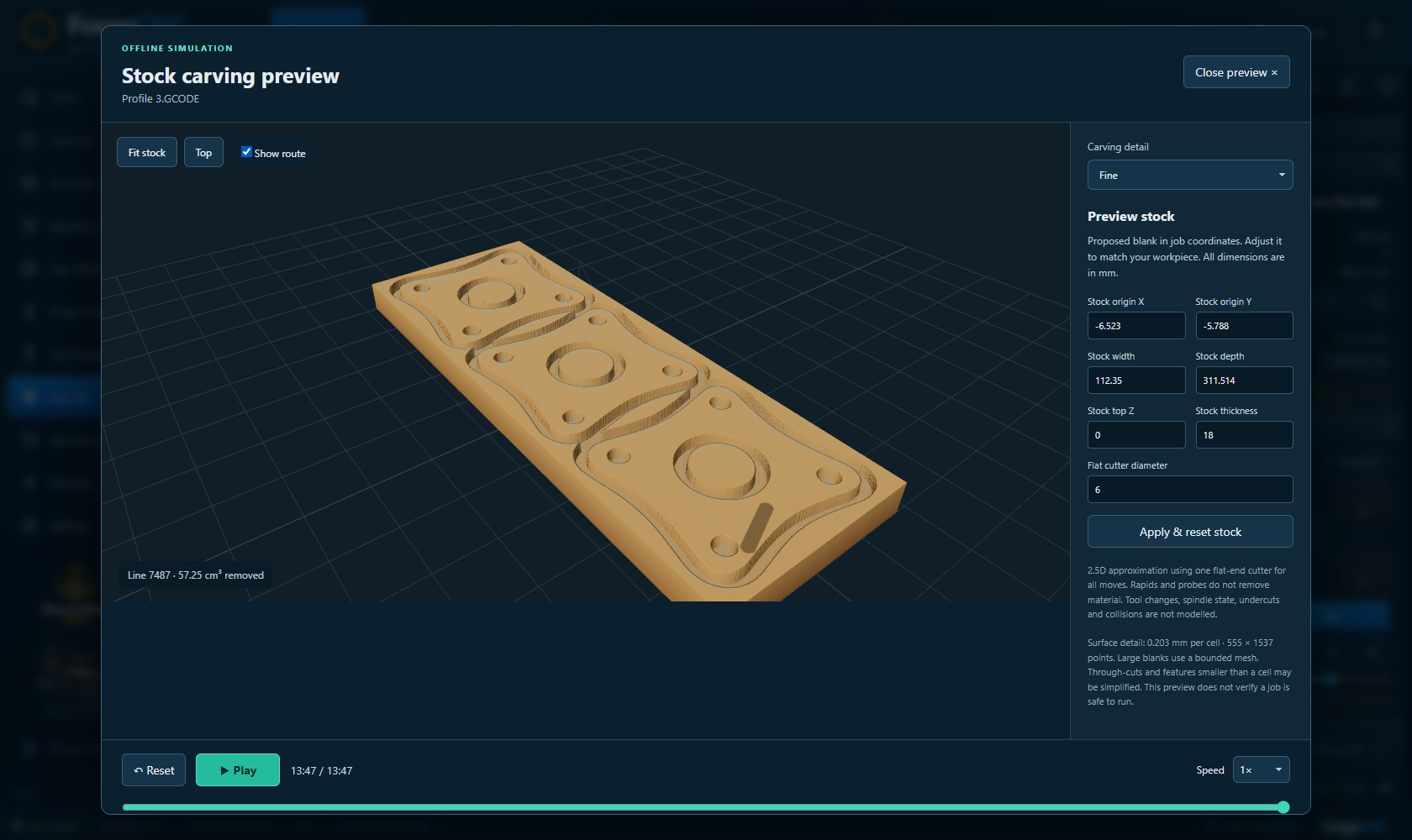 Actual ForgeCNC offline carving preview showing three machined profiles in stock