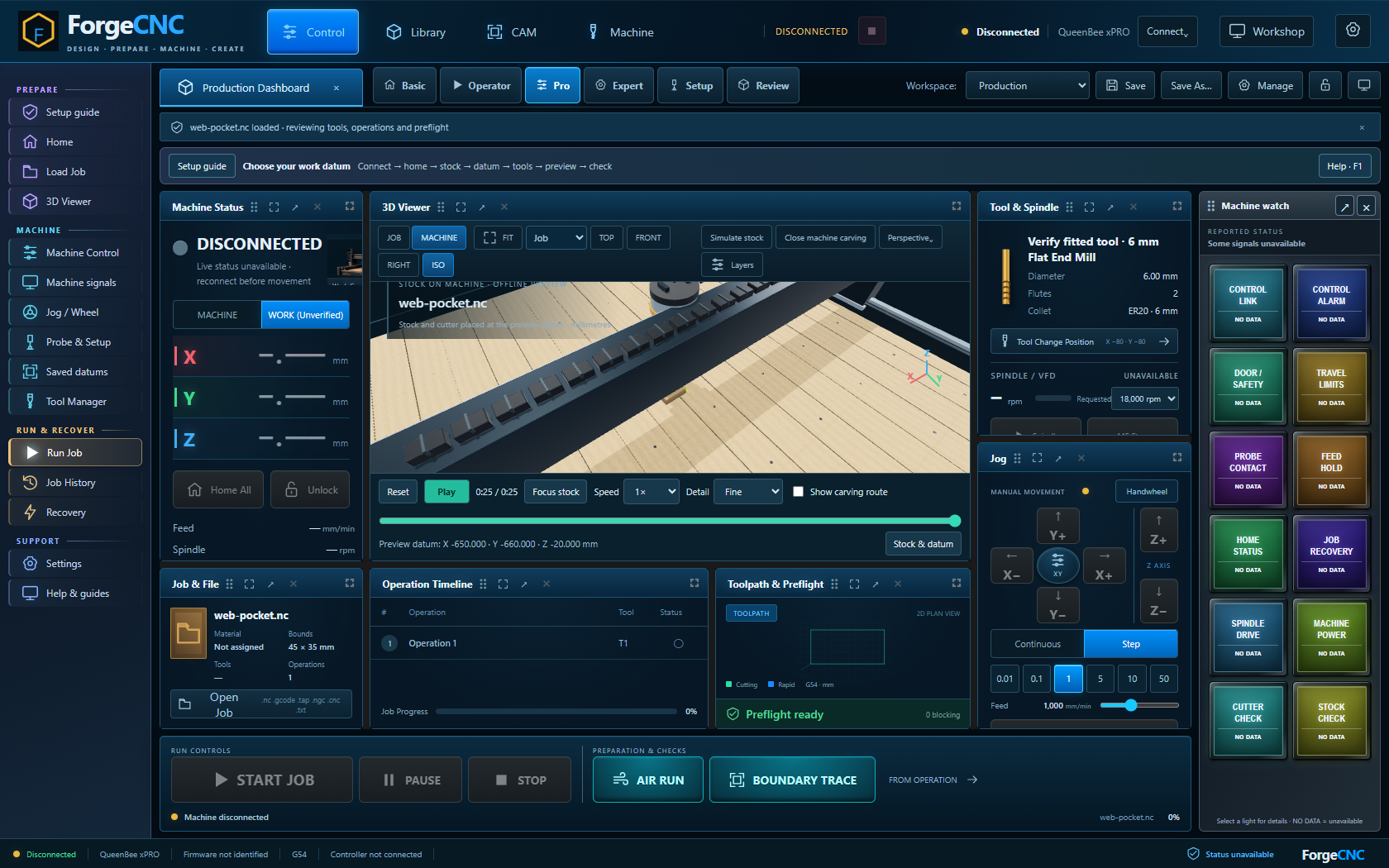 ForgeCNC workspace with machine preview, tooling and coloured machine-status lights